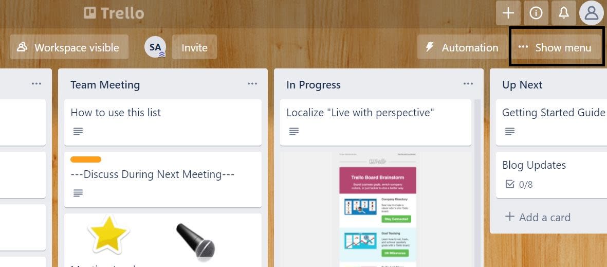 Trello Show Menu Option